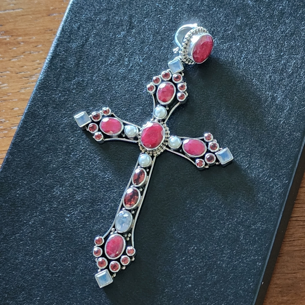 Nicky Butler Sterling Silver Ruby Pearl Garnet Moonstone Cross Pendant Vintage - Picture 2 of 9